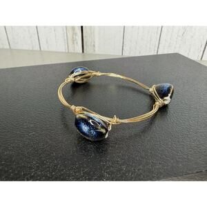 Chunky Seashell Bracelet Gold Tone Wire Wrapped Bangle Blue Shell Boho
